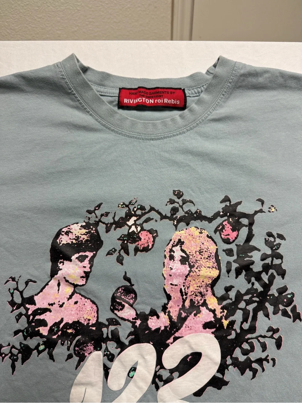 RRR-123 Light Blue Adam and Eve in Garden Graphic Short Sleeve T-shirt Size M